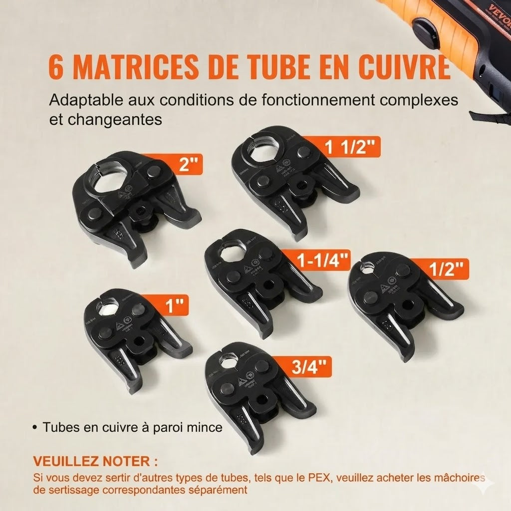 CrimpForce Pro 18 V Sertisseuse pour cuivre, inox et PEX en 3 secondes — 32 kN de puissance professionnelle dans la paume de votre main.